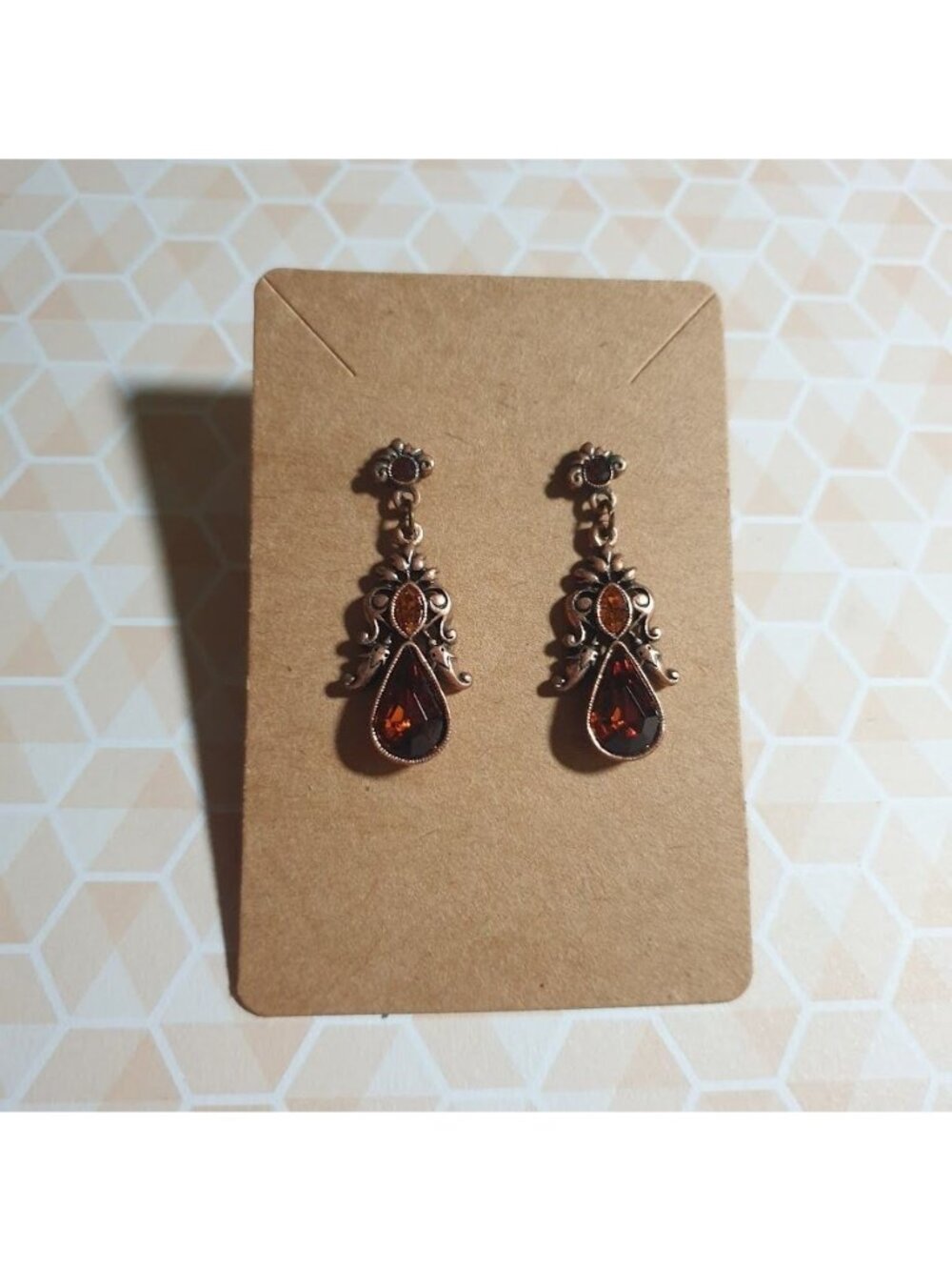 Crystal Drop Earrings Orange Teardrop Rhinestone Filigree Post Vintage Charm